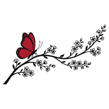 Red Butterfly Perched On Blooming Floral Tree Branch Vector Line Art Illustration.