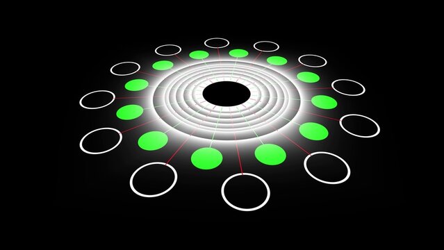 Circular Abstract Digital Network or Data Structure with Green Nodes and White Rings on a Black Background with Radial Light Effects and Perspective View