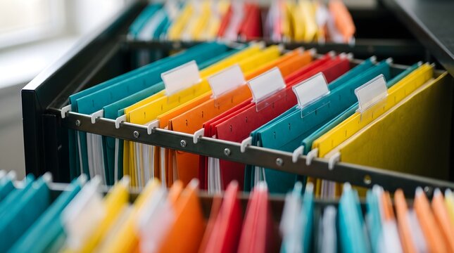 Close up of colorful hanging file folders in an open metal cabinet drawer with white labels and bokeh for efficient corporate business organization concept