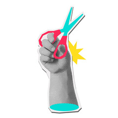 Y2K of a hand holding a scissors halftone collage element. Back to school funky scrapbook sticker with doodle. Cut out Vector Illustration.