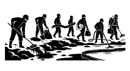 Hazardous Waste Cleanup Crew, Industrial Safety, Environmental Protection, Teamwork, Pollution Control Vector Set © Black