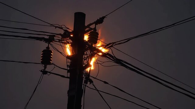 Sparking electrical wires on a utility pole at dusk