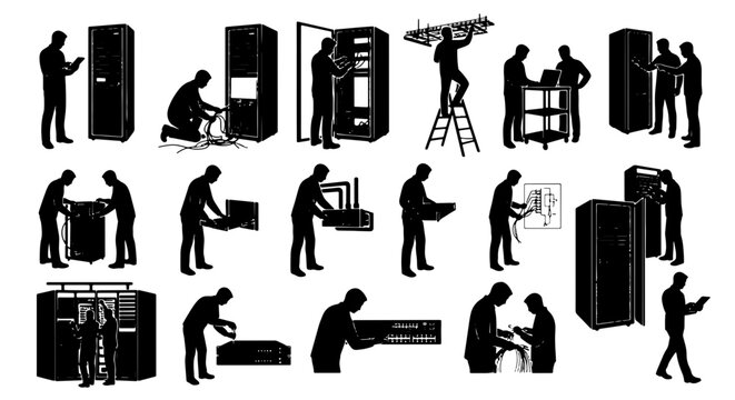 Data center technician silhouettes, IT engineers working on server racks and network hardware, 16 vector elements of computer system maintenance