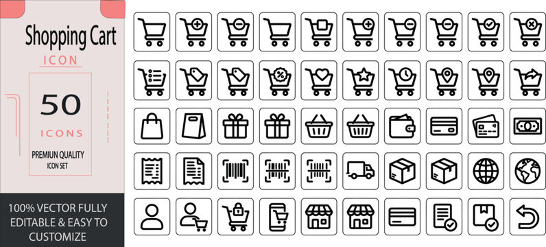 Shopping cart icon set 50 premium vector graphics for e commerce and retail applications