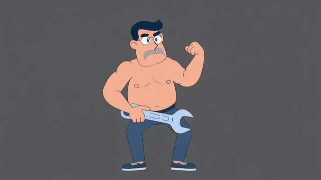 Muscular man holding a wrench and flexing his bicep