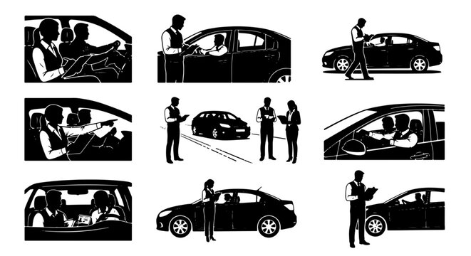 Driving School Instruction Set, Car Learner Driver Training Icons, Road Safety Education Vector Graphics, Professional Teaching Visuals