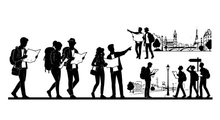 Obraz premium Diverse Group of Travelers Navigating with Maps, Cityscape Silhouettes, Adventure & Exploration Vector Pack