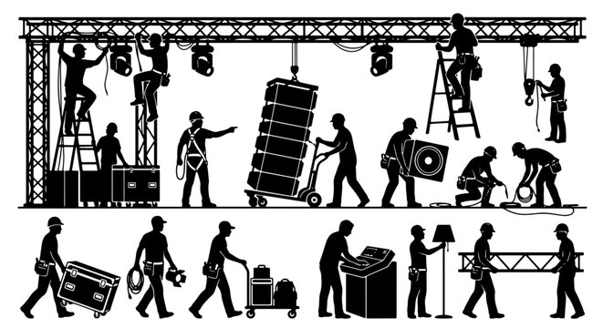 Stage Construction Crew, Concert Setup, Lighting Riggers, Sound Technicians, Event Production Silhouettes
