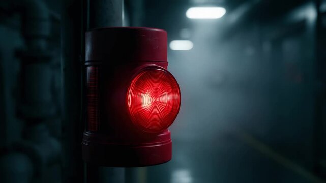 Glowing red emergency alarm siren in an industrial corridor symbolizing fire safety, emergency warning systems, evacuation, and workplace security.