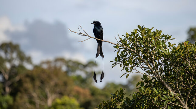 Greater Racket-tailed Drongo on a branch. Exotic bird perched in a lush tropical forest.