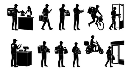 Obraz premium Delivery Service Vector Icons: Courier Actions, Food Delivery, Package Transport, E-commerce Logistics, Mobile Ordering, Doorstep Service, Bicycle and Scooter Couriers, Retail Pickup