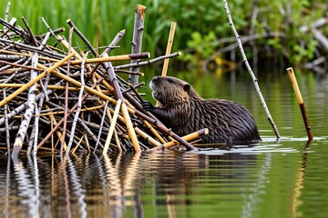 Wild American beaver constructs dam with wooden branches inside lake water. Large rodent works on lodge structure using sticks at river edge in forest nature. Animal builds home habitat in wetlands © miss irine