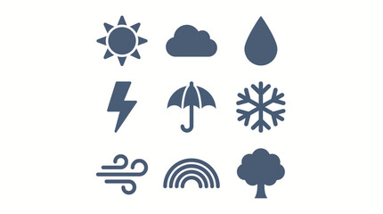 Obraz premium Flat weather icon set with sun, cloud, rain, lightning, umbrella, snowflake and wind vector