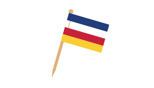 Little paper toothpick flag with blue, red, and yellow horizontal stripes isolated on white background.