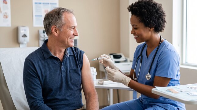 Smiling nurse administers vaccine injection to happy senior man in medical clinic examination room