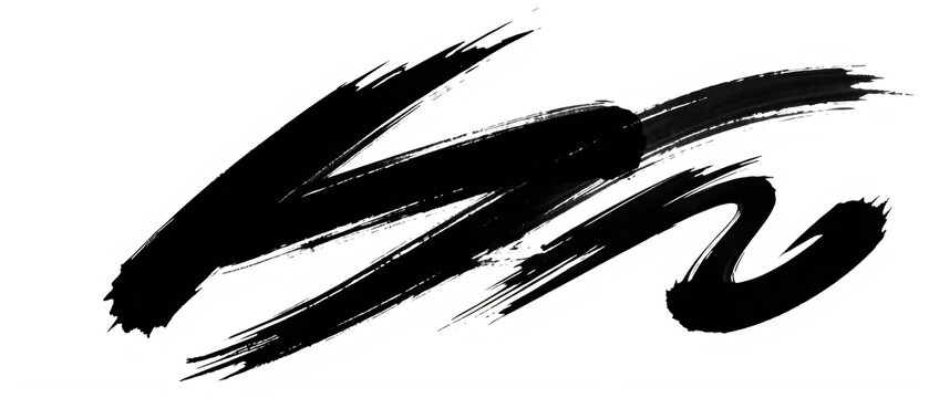 Abstract black ink brush stroke on white paper with splatter effect