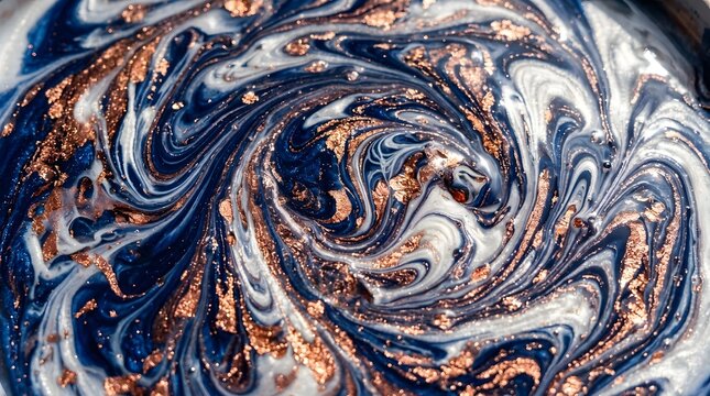Swirling deep navy blue and metallic copper liquid paint mixing together in a beautiful abstract marble pattern macro close up