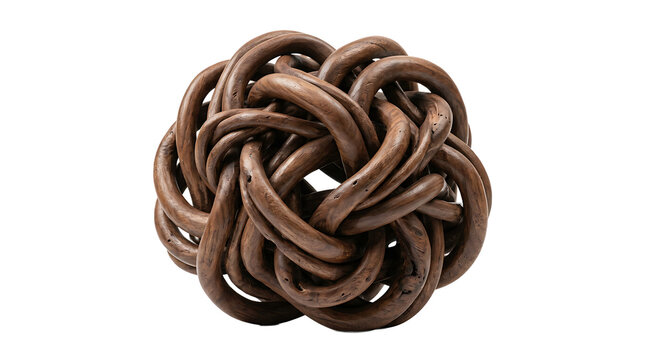 A complex wooden knot sculpture made of multiple interlocking dark brown branches, creating a spherical shape isolated on a white background