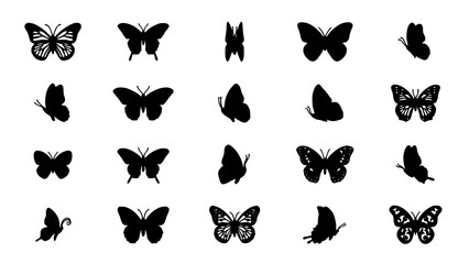Obraz premium Butterflies in Various Silhouettes and Designs, Black and White Vector Illustrations Featuring Butterfly, Silhouette