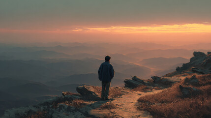 Obraz premium Hiker walks along a mountain trail at sunset near rocky landscape with distant hills and colorful sky visible in the background