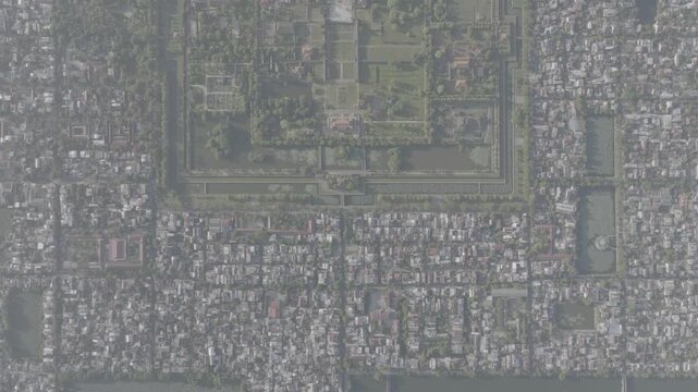 Aerial drone view of Hue Imperial Citadel featuring Ngo Mon Gate, Thai Hoa Palace and Kien Trung Palace, showcasing Vietnam's UNESCO royal heritage, ancient architecture and cultural landmark.