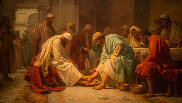 Biblical scene of Jesus Christ washing the feet of his disciples depicting humility and service