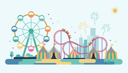 Obraz premium Amusement park flat design background with a ferris wheel, roller coaster, tents, and bright fireworks.