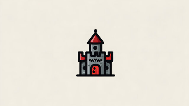 Stylized medieval castle fortress icon with a red tower roof and entrance door vector illustration for fantasy and gaming themes