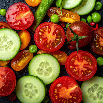 Vibrant flat lay of fresh sliced tomatoes, cucumbers, and peas glistening with water droplets on a dark backdrop. Nobody. Inspires healthy eating, vitality, and organic nutrition.