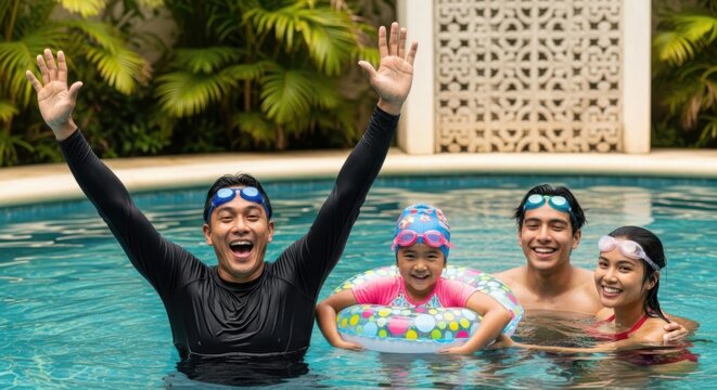 Happy family having fun in a swimming pool