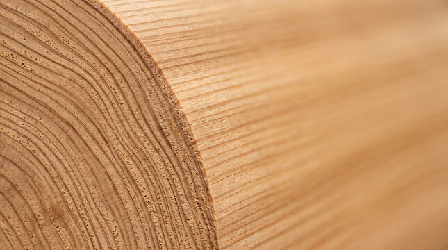 Macro shot of Japanese Cedar log end grain showing detailed annual rings with soft blurry background copy space.
