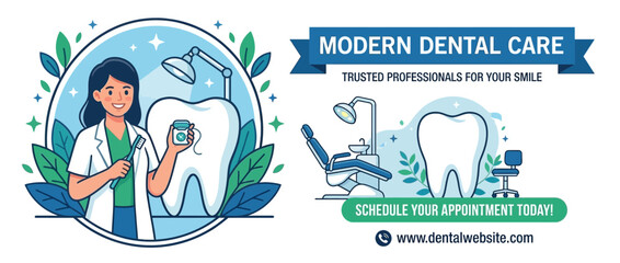 Fototapeta premium Modern dental care illustration with dentist and tooth