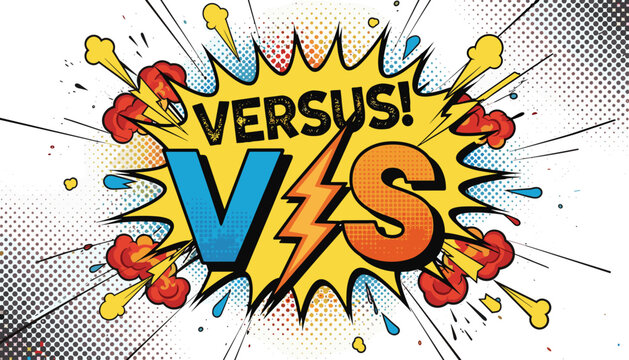 Colorful comic book style versus splash screen with bold letters lightning bolt and cartoon action explosions.