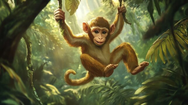 A playful baby primate swings happily from a branch amid lush, vibrant green foliage