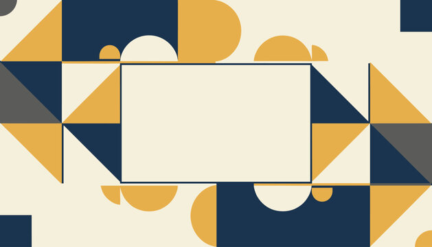 Geometric abstract art background with dark blue and yellow triangles and circles around a blank copy space frame.