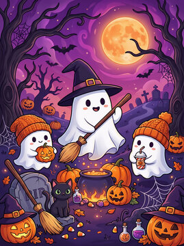 Halloween illustration featuring adorable ghosts, one wearing a witch hat and flying on a broom, surrounded by jack-o-lanterns, a black cat. Perfect for holiday cards, party invitations, and festive