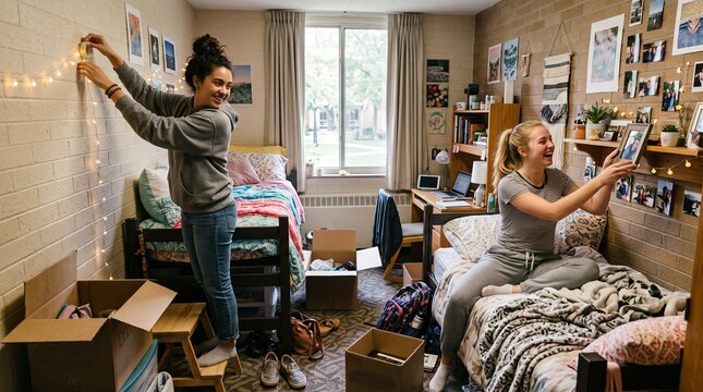 Two young women decorating a college dorm room with string lights and photos