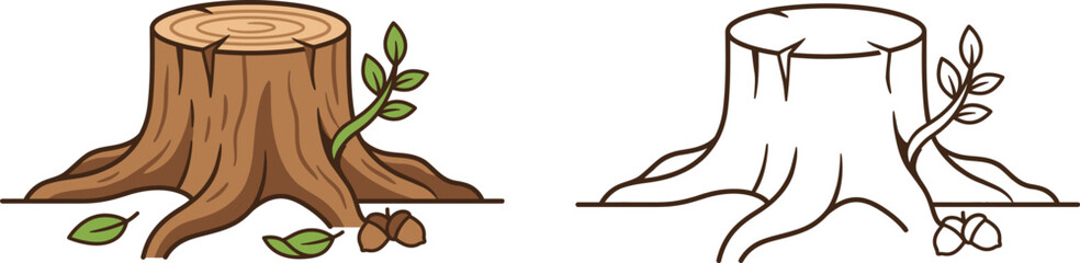 Coloring vector page line art hand drawing illustration of tree stump with sprout for kids and adults