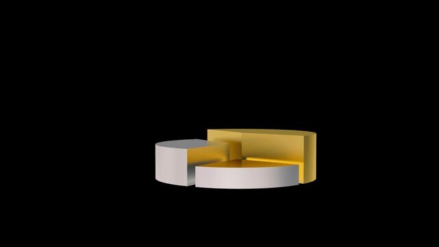 A podium or pie chart with three gold and silver segments rotates on a black background in 3D animation