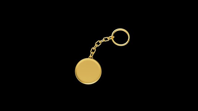Rotating blank gold keychain with a round pendant and short chain on a black background, shown from multiple angles in a clean 3D render, 3D animation