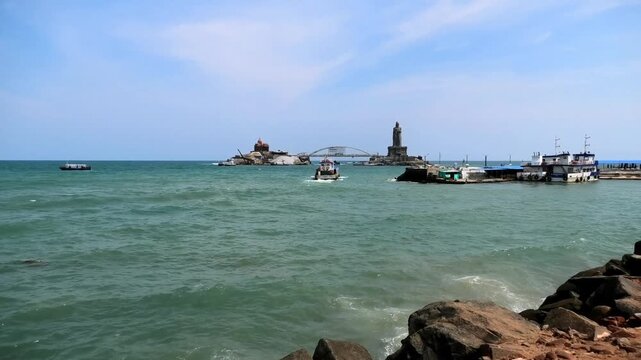Vivekananda Rock Memorial and the connected boat services in Kanyakumari, Tamil Nadu, India