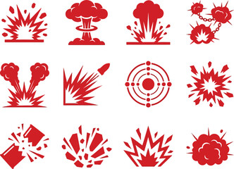 Set of red explosion icons and blast symbols for comic book and action design elements © SAIF820