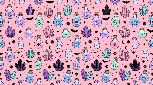 Pastel goth seamless pattern featuring kawaii magic potions, crystals, and sparkling stars vector