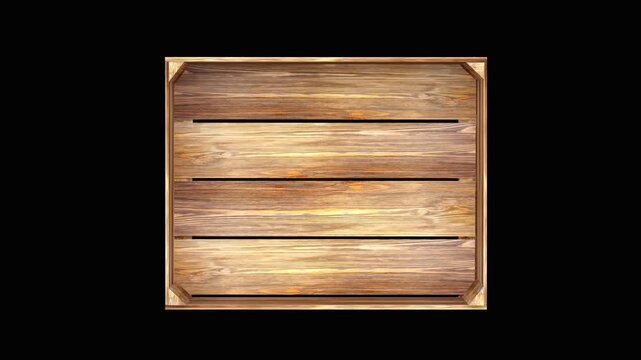 Top view of a rustic wooden crate or tray slowly rotating on a black background, showing slatted boards, natural wood grain, and a simple empty container design 3D render