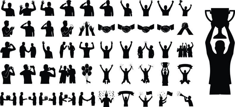 Winning sports fans and champion silhouettes set, 50 celebration icons, black human figures with trophy and medals, victory achievement vector