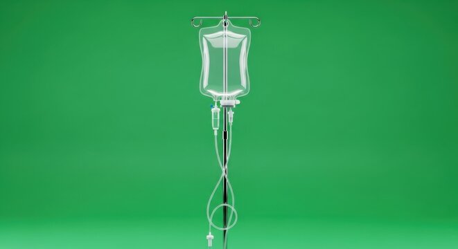 Medical Infusion Bag and Drip Stand on a Vibrant Green Backdrop Representing Healthcare Support Fluid Therapy and Saline Delivery for Patient Care and Wellness Treatment Concepts