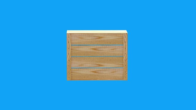 Wooden crate rotates against a bright blue background, showing empty slatted sides and open interior in a clean minimalist 3D render, 3D animation