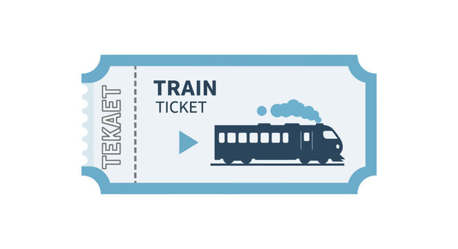 Flat vector illustration of a vintage blue train ticket with locomotive icon and dashed line