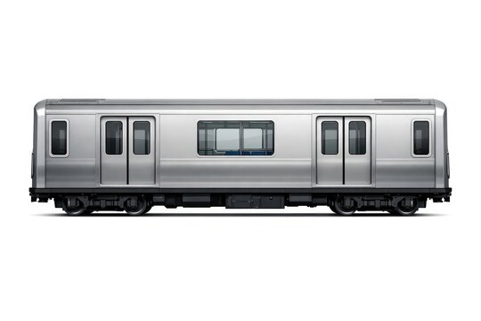 Silver subway train car isolated on white background, side view