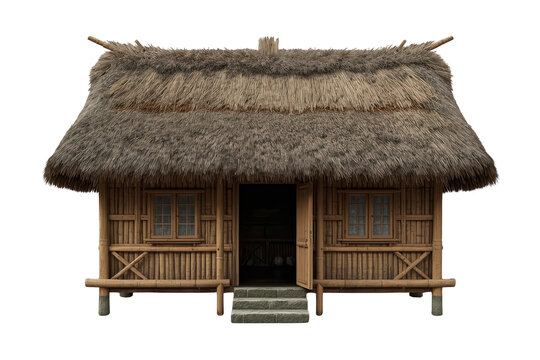 Bamboo hut with thatched roof, rustic tropical dwelling, traditional architecture, isolated on transparent background